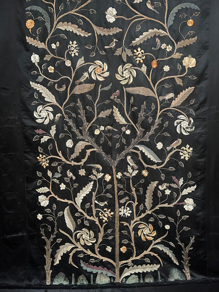 Antique Hand Embroidered Tree of Life Silk Wallhanging with Birds & Flowers: C19th Anglo Indian