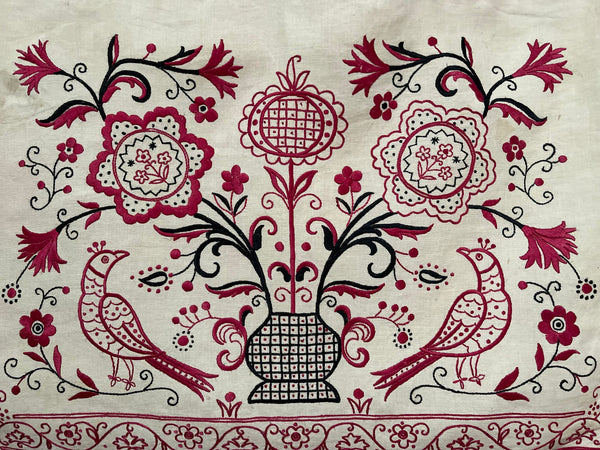 Silk Ottoman Embroidered Panel with Vase of Flowers and Birds: C1920 Turkey
