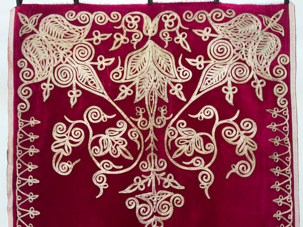 Antique Ottoman Era Magenta Pink Silk Velvet Panel with Traditional Hand Applied Silver Braiding: C19th Algeria