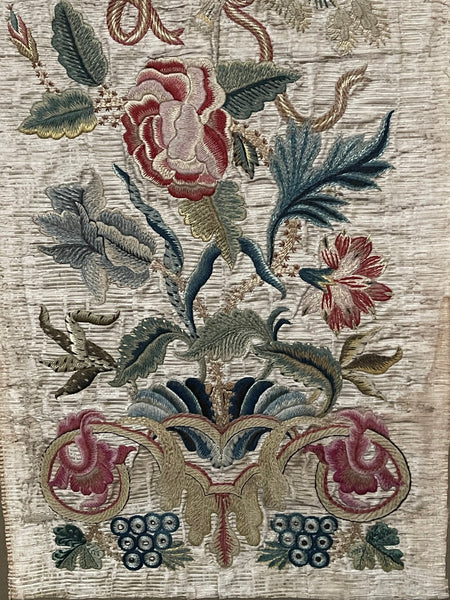 Antique Fine Silk and Wool Embroidered panel with Bouquet of Flowers: C1700 England