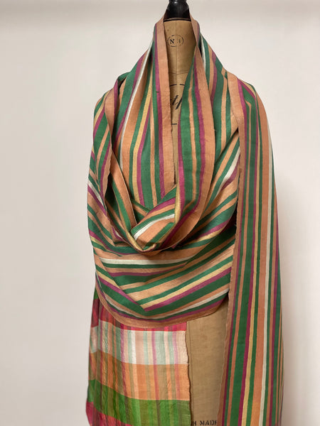 Antique Handwoven Silk Shawl Collectable Wrap Striped Silk Stole Dupatta: C20th Northern India