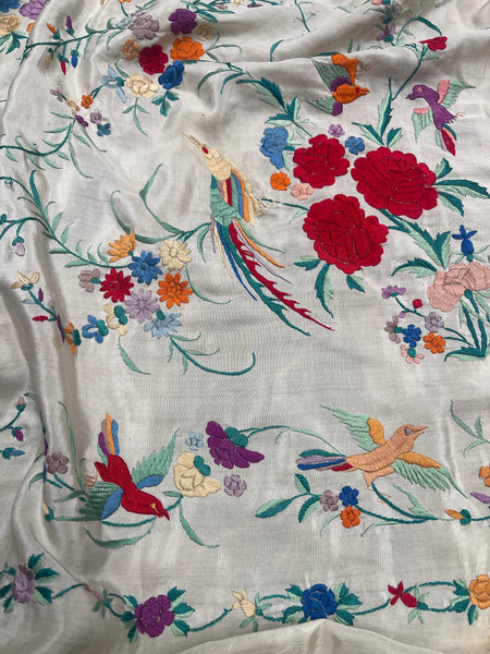 Antique Silk Embroidered Piano Shawl with Birds and Florals: C1920 Canton, China