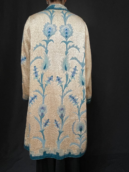 Art Deco Silk Embroidered Coat with Peacock Feathers: C1910 Britain