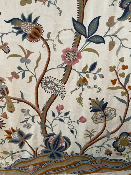 Antique Jacobean Revival Tree of Life Wallhanging with Birds and Squirrel: Early C20th Kashmir for export