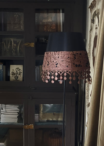 Bespoke Lampshade with Art Deco Cutwork Embroidered Border with Pom Pom Trim: C1920s France