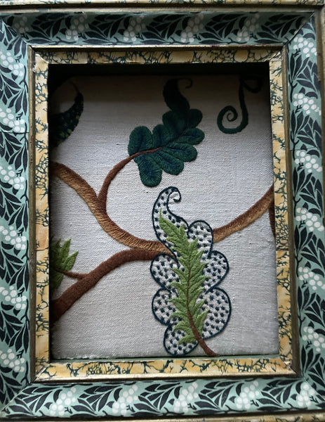 Antique Crewelwork Embroidery in French Hand Painted Wallpaper Covered Frame: C18th England