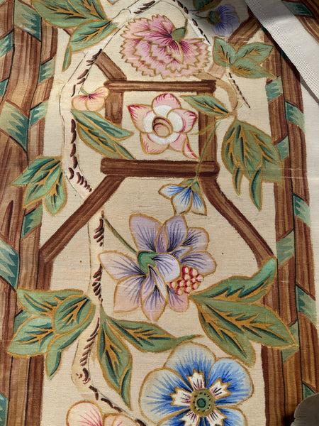 Hand Painted Chinoiserie Silk Panel Border Floral Vine: C1800 France