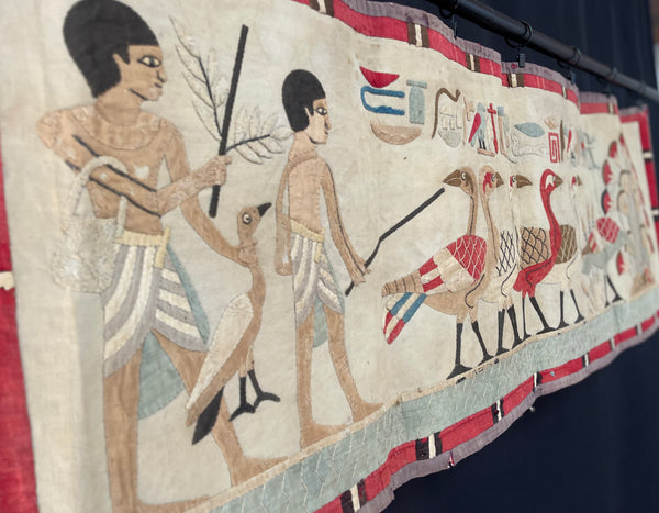 Antique Egyptian Revival Appliqué Wallhanging with Herders, Geese, Hieroglyphics: C1920s Egypt