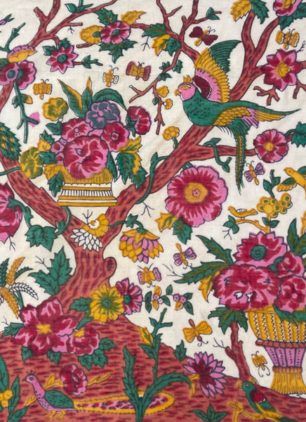 Block Print Tree of Life with Parrots, Peacock, Flowers & Butterflies: C20th India