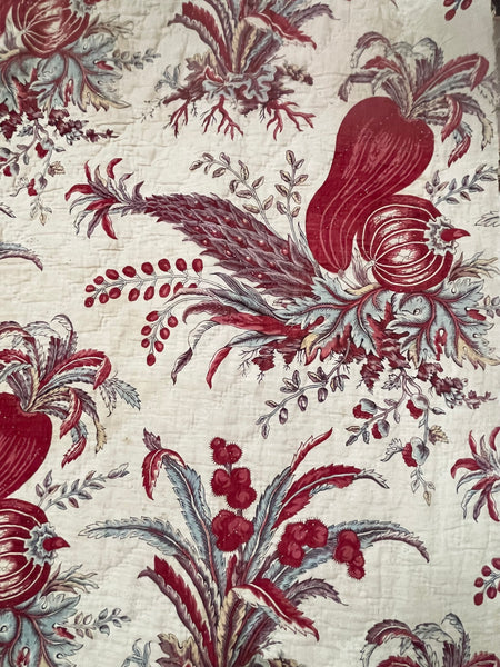Rare Antique Indiennes Block Print Quilted Panel with Exotic Fruit and Foliage: C18th France
