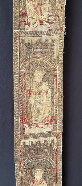 Rare Tudor Orphrey Silk and Metal Thread Embroidered Panels with Iconography Saints: C16th England