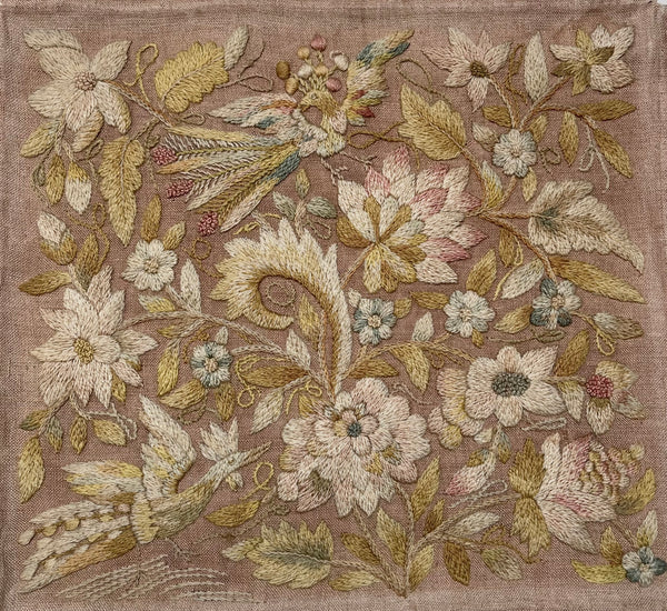 Antique Georgian Crewelwork Embroidery with Birds and Florals: C1700s England