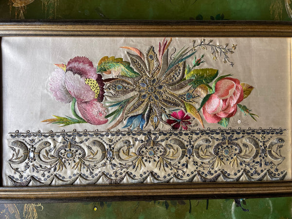 Pair of Museum Quality Italian Embroideries with Flowers and Insects Framed: C18th Italy