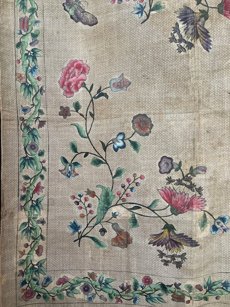 Antique Hand Painted Wallhanging with Butterflies and Flowers: C18th China for export to Europe.