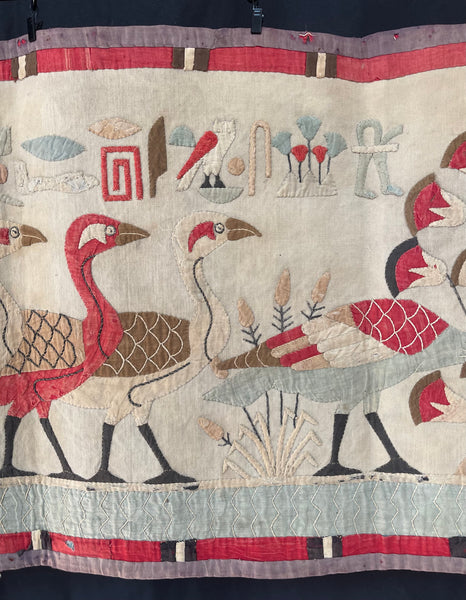 Antique Egyptian Revival Appliqué Wallhanging with Herders, Geese, Hieroglyphics: C1920s Egypt