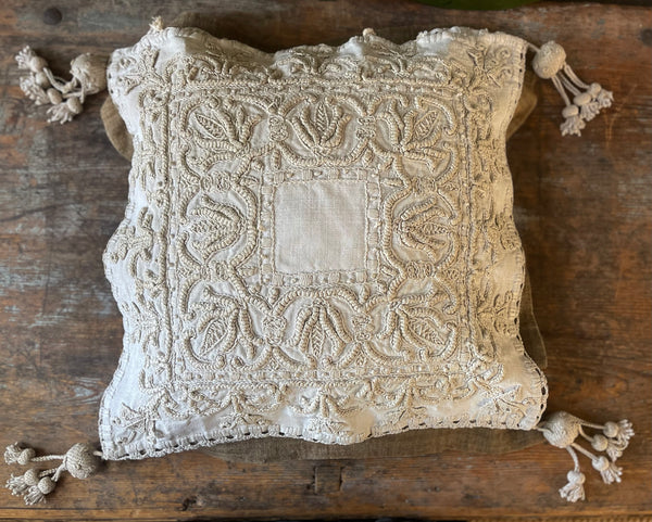Antique Heirloom Whitework Embroidery Linen Cushion Cover: C19th Italy