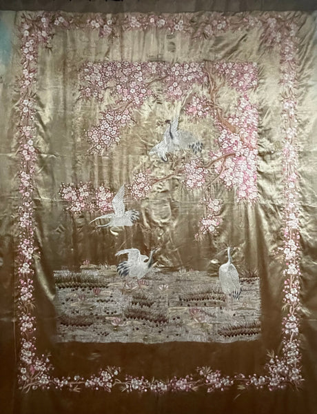 Antique Silk Embroidered Tapestry Wallhanging with Cherry Blossom & Storks: Japanese Meiji Period C19th Century. 223 x 175cm