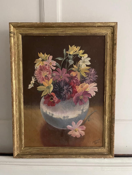 Still life Painting with Vase of Flowers: C1950 British