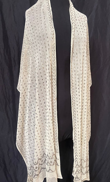Art Deco Assuit Shawl Hand Embroidered White with Silver Metal Thread: C1920 Egypt