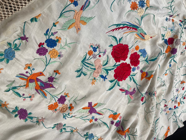 Antique Silk Embroidered Piano Shawl with Birds and Florals: C1920 Canton, China