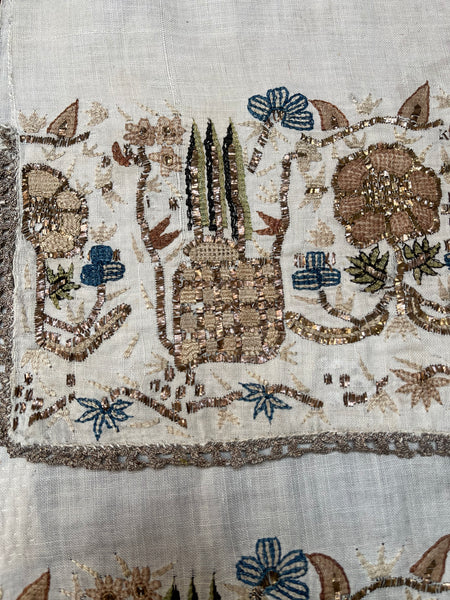 Pair Antique Ottoman Embroideries Silk and Metal Thread With Architectural & Garden Elements: C19th Turkey