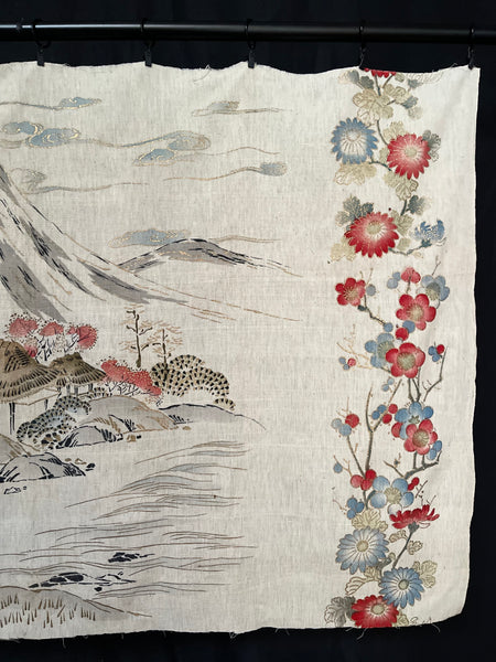Traditional Block Printed Hand Painted Wallhanging with Mount Fuji: C1930 Japan