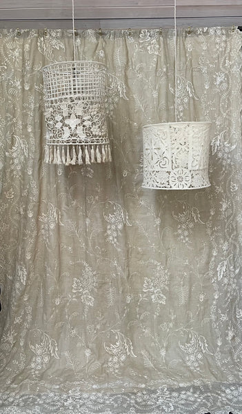 Antique Bespoke Embroidered & Cutwork Linen Ceiling Lampshade: C19th France