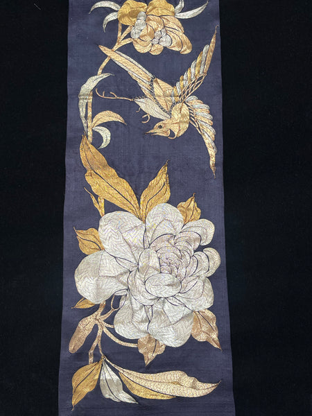 Antique Find Gold and Silver Thread Embroidery with Peony and Phoenix: C19th Japan