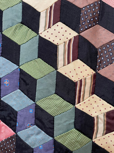 Antique Handmade Tumbling Blocks Silk Patchwork Quilt made with Cravat & Scarf Silks: C1910/20 Britain