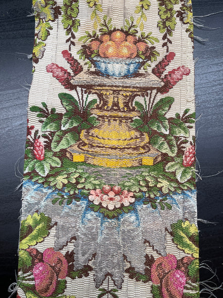 Antique Silk Brocade Panel with Urns & Fruit in Bower: C18th France