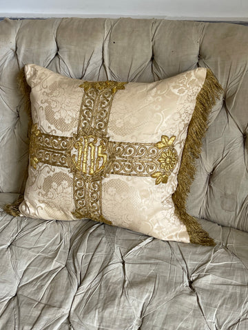 Bespoke Antique Gold Embroidered Ecclesiastical Silk Cushion/Pillow: C19th Lyon, France