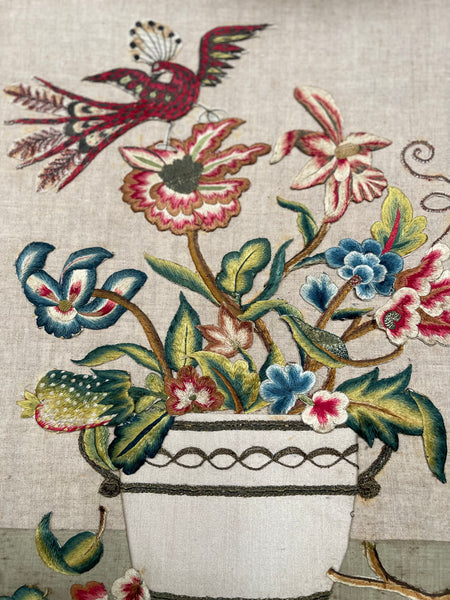 Charming Appliquéd Still Life with Early 18th Century Silk Embroidered Flowers, Bird and Fruit: C1910 English