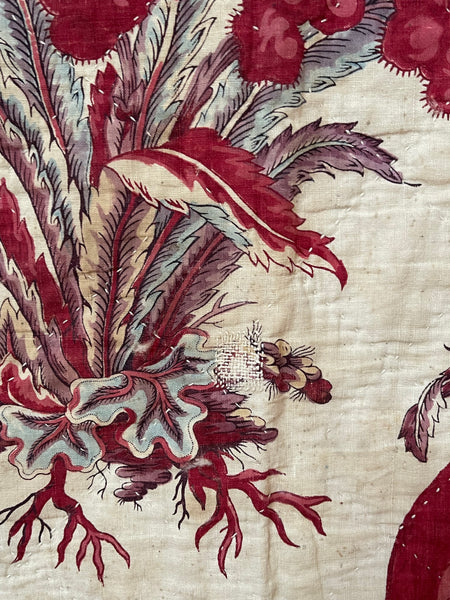 Rare Antique Indiennes Block Print Quilted Panel with Exotic Fruit and Foliage: C18th France