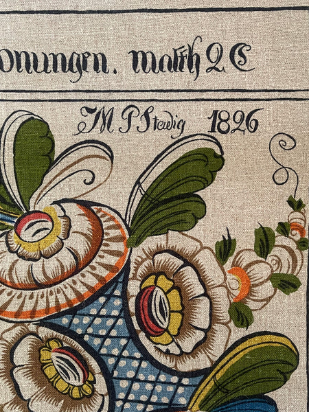 Large Swedish Folk Art Print Linen Wall Hanging: C1950s translation 19th Century Wall Paintings, Sweden