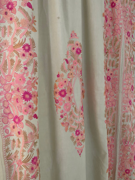 Antique Pinks Floral Silk Embroidered Bedcover or Throw: C20th Kashmir for export
