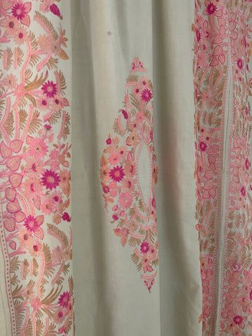Antique Pinks Floral Silk Embroidered Bedcover or Throw: C20th Kashmir for export
