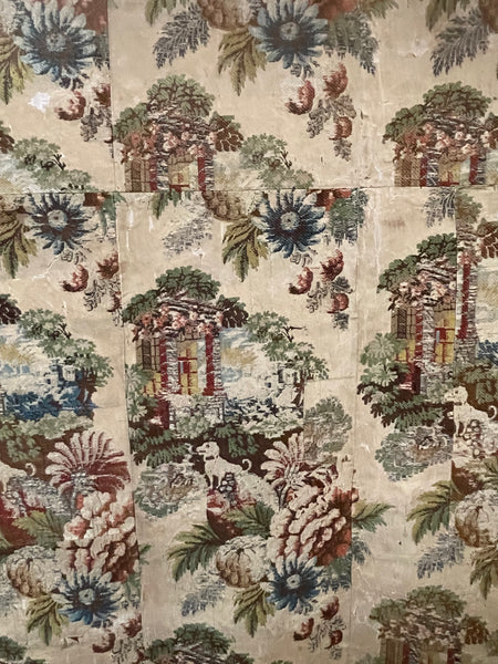Antique Huguenot Silk Brocade with Architectural Elements and Dogs: C18th Spitalfields, London