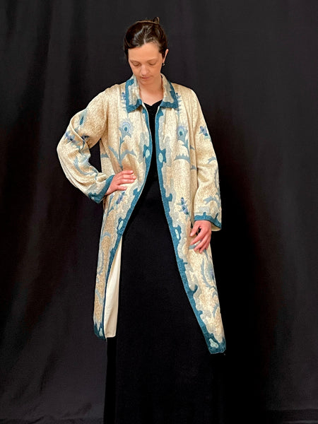 Art Deco Silk Embroidered Coat with Peacock Feathers: C1910 Britain