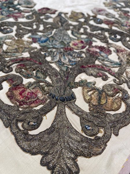 Antique Early Silk and Metal Thread Embroidered Appliqué Panel: C17th Britain