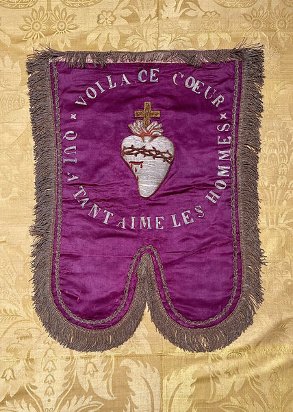 Antique Silk Embroidered Ecclesiastical Wallhanging Banner with Stumpwork Heart: C19th France