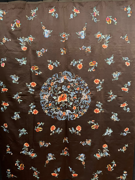 Fine Silk Embroidered Wallhanging with Symbolic Bats, Butterflies, Peonies: C19th China for export