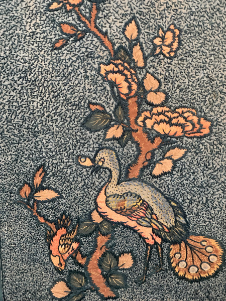 Antique Crewelwork Embroidered Tree of Life Wallhanging in Antique Japanese Bamboo Frame (2): C1900 Britain