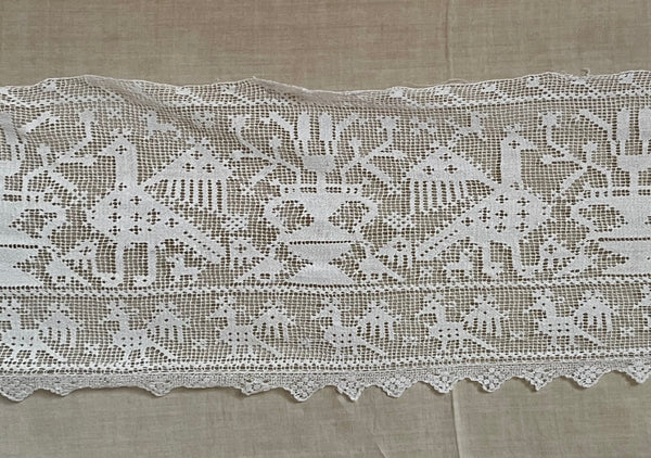 Untitled Antique Filet Lace Valance with Birds & Vases: C19th Europe