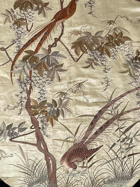 Antique Oval Silk Embroidery with Birds & Butterflies: C19th Qing dynasty, China