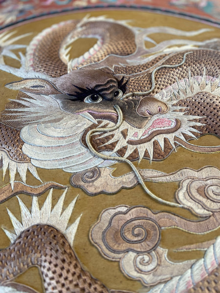 Extraordinarily Fine Stumpwork Embroidered Dragon Chasing Pearl: C1900 Asia