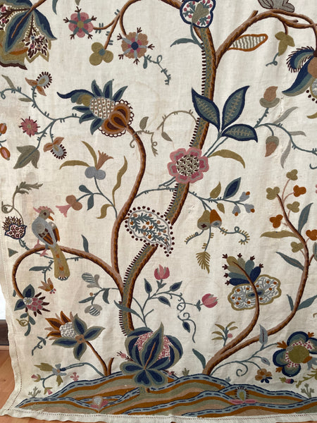 Antique Jacobean Revival Tree of Life Wallhanging with Birds and Squirrel: Early C20th Kashmir for export