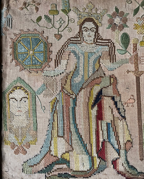 Rare Elizabethan Silk Embroidery with Saints, Insects, Pea-pods: C16th English