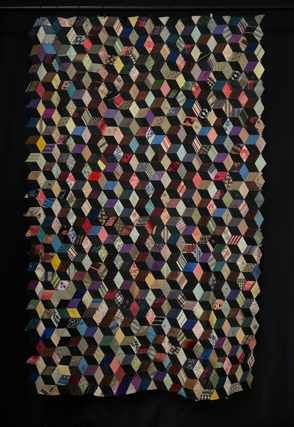 Antique Silk Tumbling Blocks Patchwork Quilt: C19th Britain