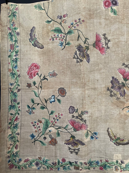 Antique Hand Painted Wallhanging with Butterflies and Flowers: C18th China for export to Europe.