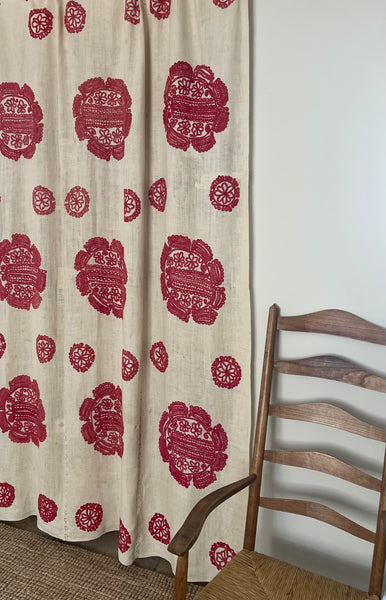 Antique Traditional Folk Embroidered Red and White Embroidered Linen Bedcover: C19th Hungary